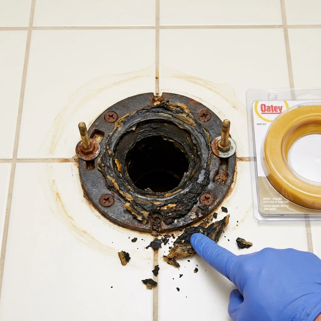 Failed wax ring showing water seepage at the base of a toilet in a Carrollton, MI home
