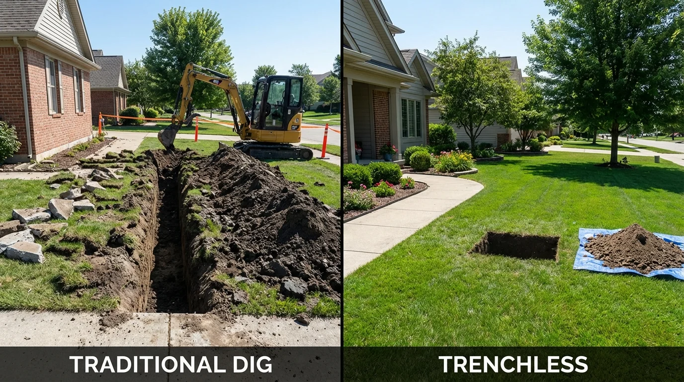 Trenchless sewer repair with minimal yard damage versus traditional excavation in Carrollton, MI