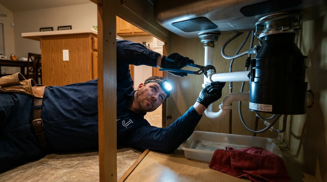 P-trap and supply line connections under a kitchen sink showing a common leak point in Carrollton, MI